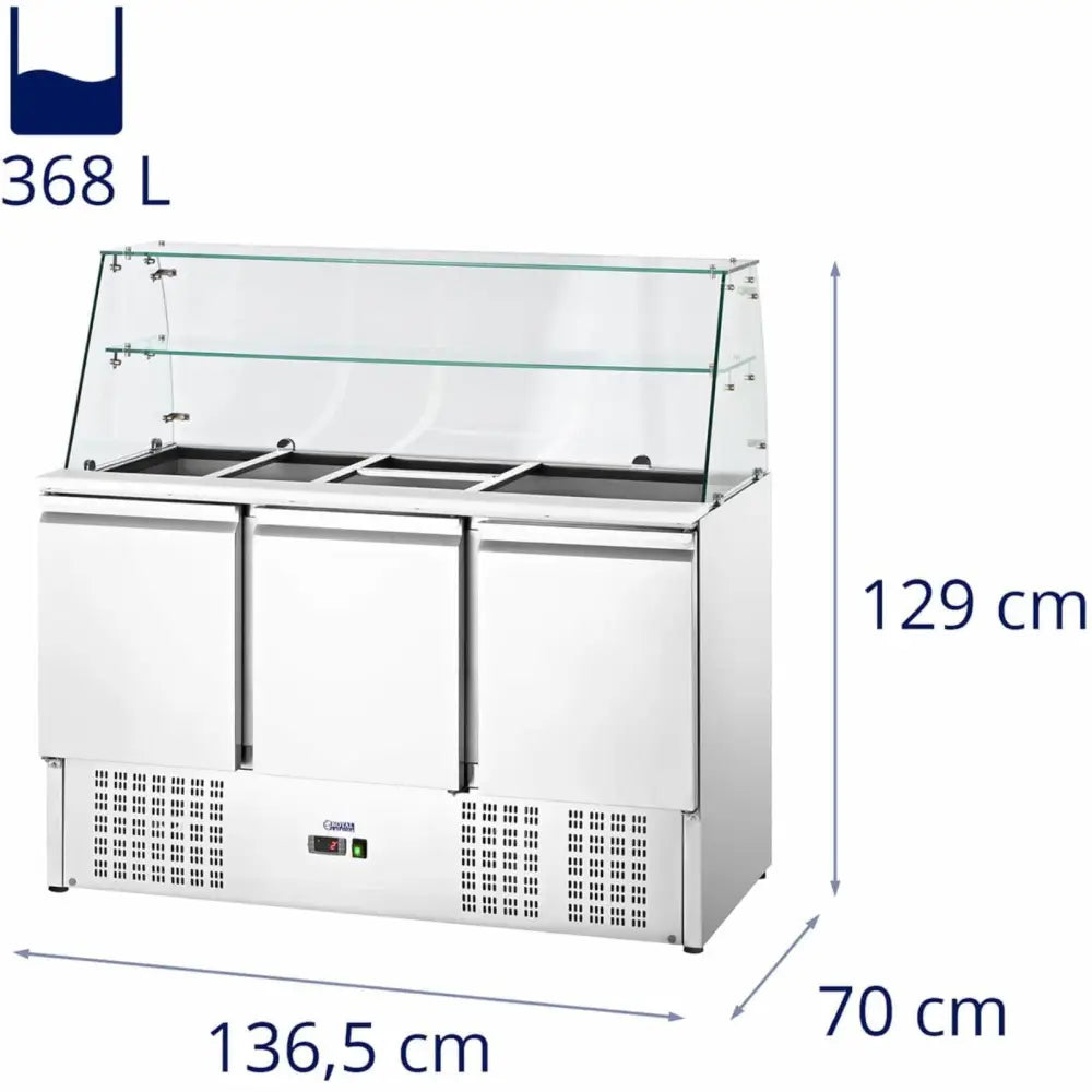 Kjøleromsalatbord med tre dører, glassvindu og topphylle, volumangivelse på 368 liter synlig foran.
