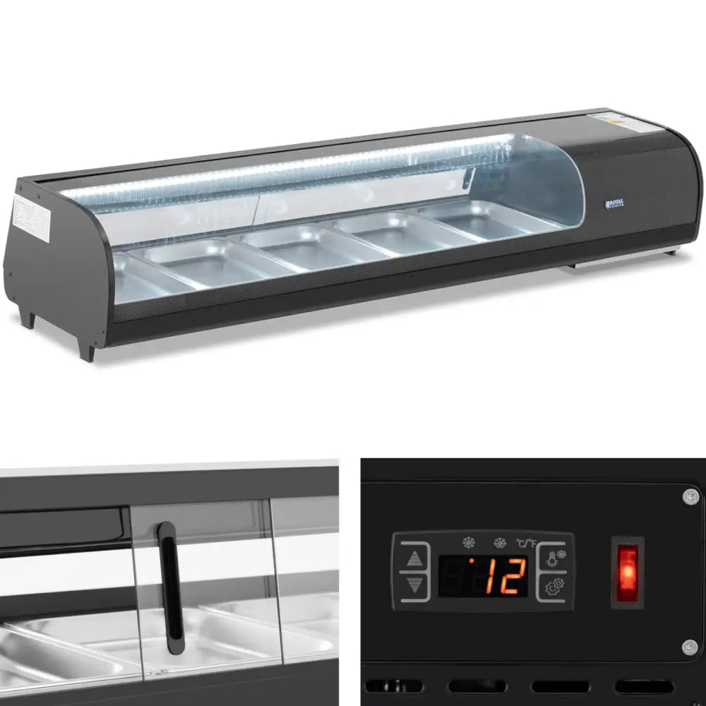 Kjølervitrineskap for sushi med LED-lys, seks GN 1/2 bakker, glassfront og digitalt display i sort og sølv.