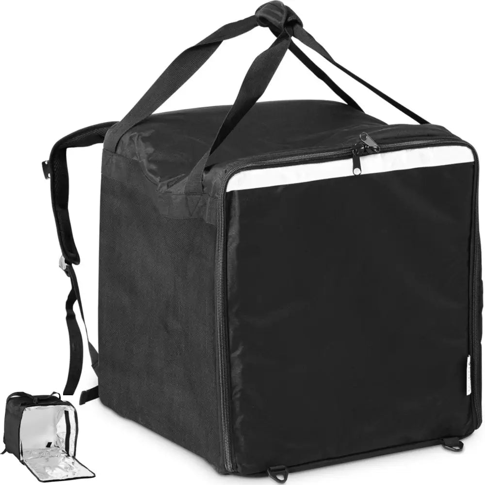Kjølesekk for pizzatransport, sort bag med reflekterende stripe, ryggsekkstropper og isolert innside.