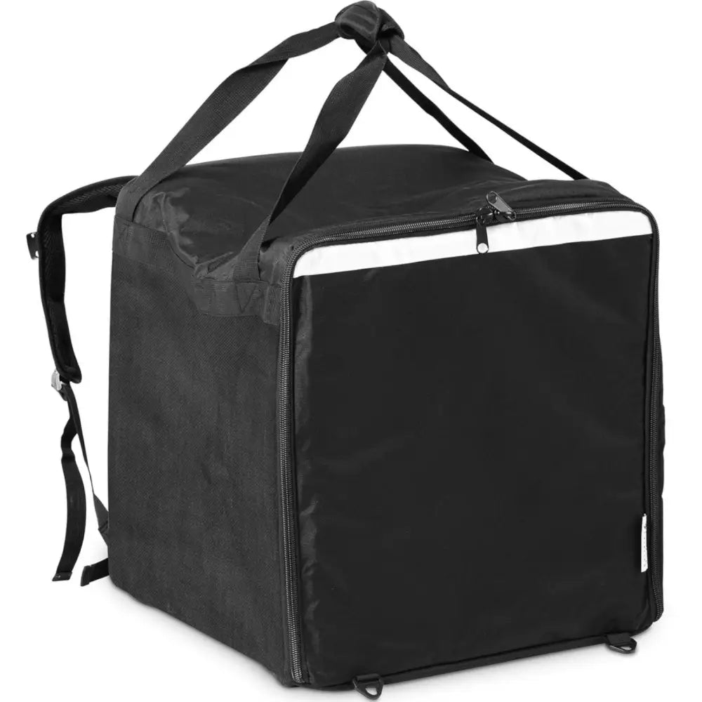 Kjølesekk for pizzatransport, skråvisning som fremhever glidelåslomme, refleksstripe og bærehåndtak.
