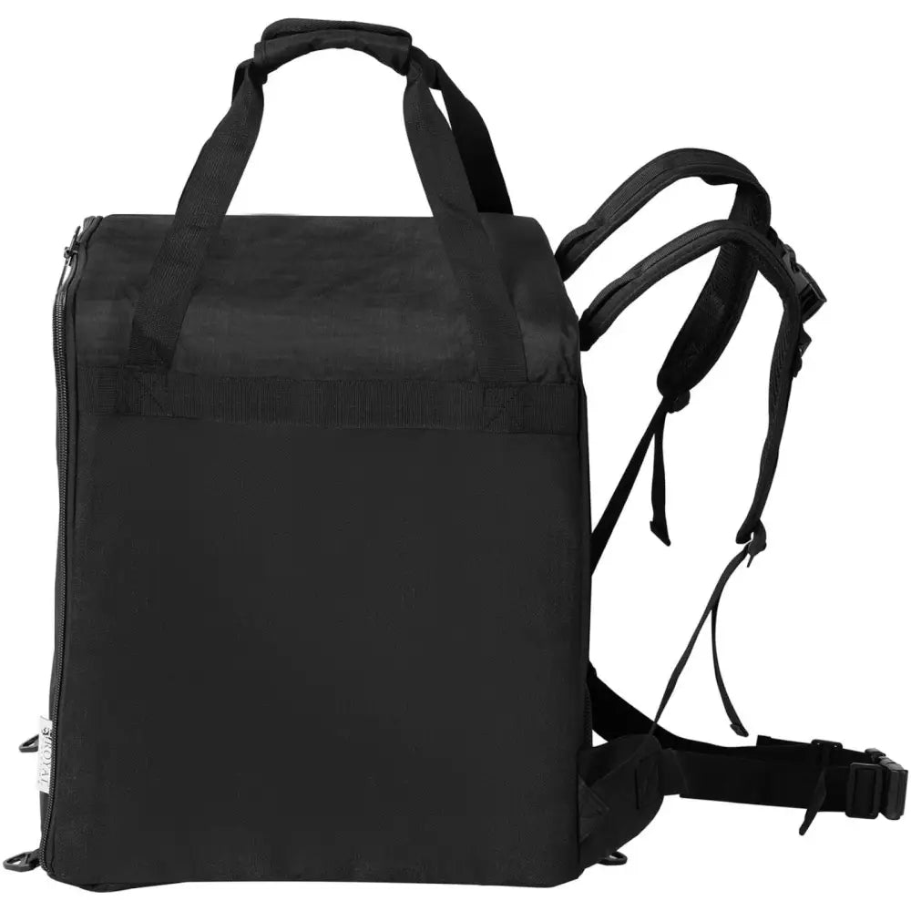 Kjølesekk for pizzatransport, bakside med doble bærehåndtak, polstrede skulderstropper og hoftebelte.