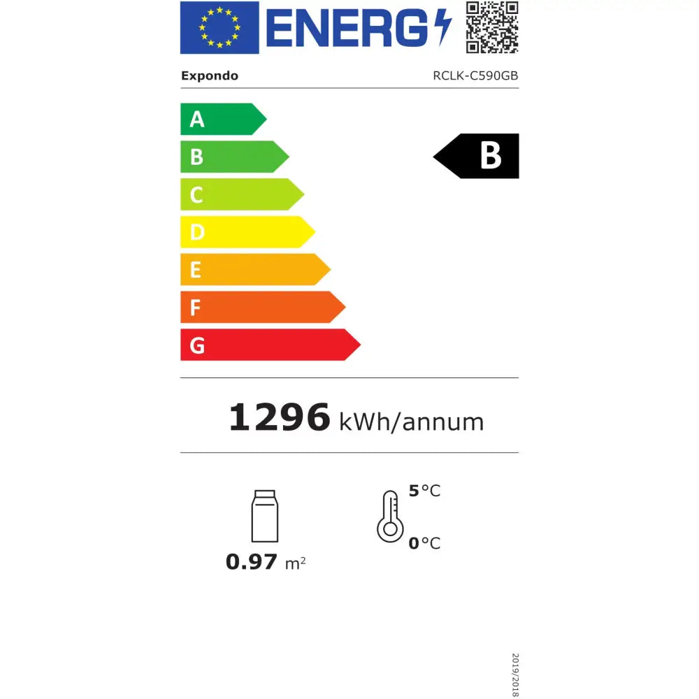 Energietikett for kjøleskap, viser energiklasse B, årlig forbruk 1296 kWh, temperatur og volum.
