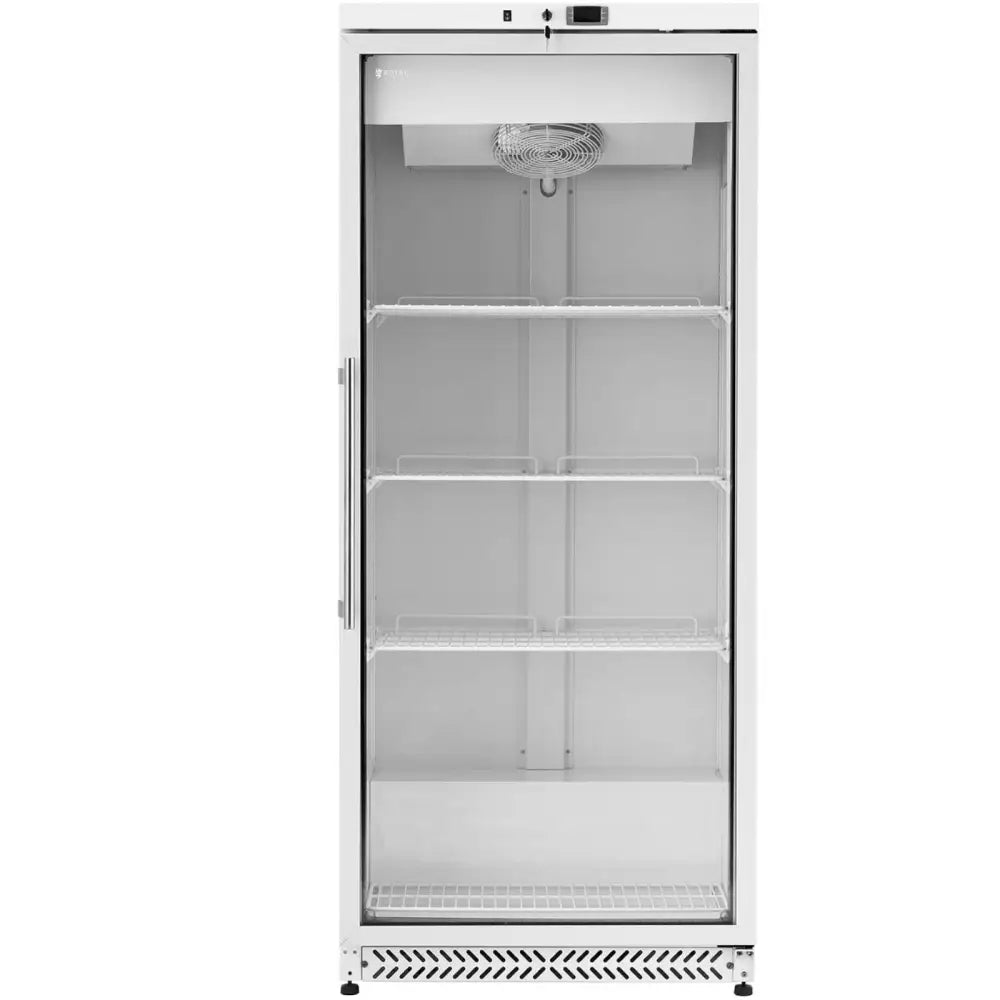 Kjøleskap med glassdør, fire trådhyller og synlig vifte øverst, sett rett forfra.