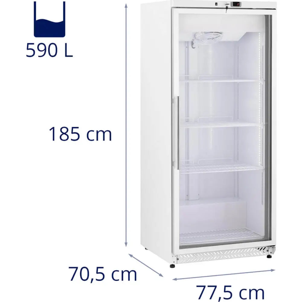 Kjøleskap med glassdør, fire justerbare hyller og LED-lys, kapasitet 590 liter, mål synlig på skapet.