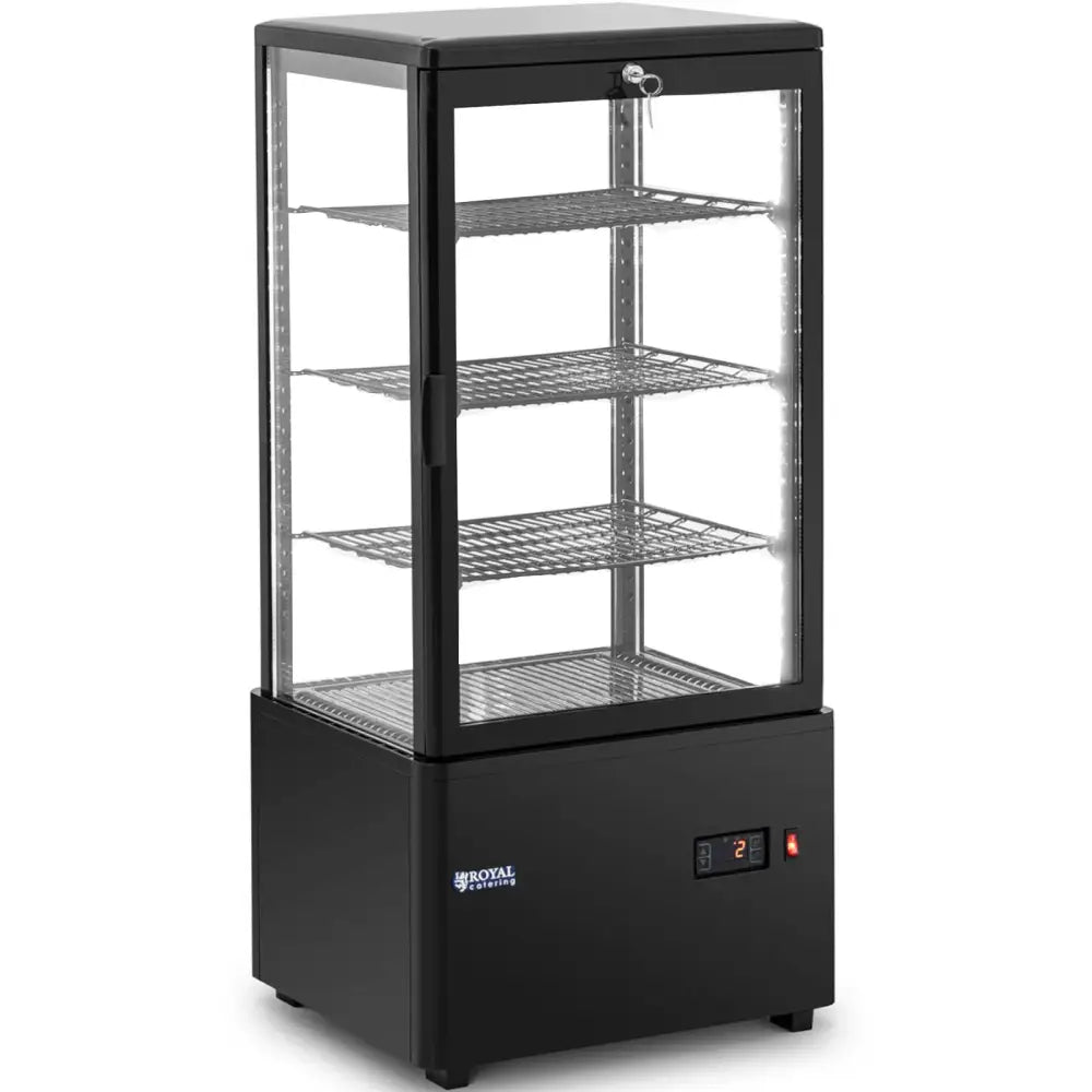 Kjølethevet utstillingsdisk i svart, fire nettinghyller, sett fra siden med synlig håndtak og digitalt display.