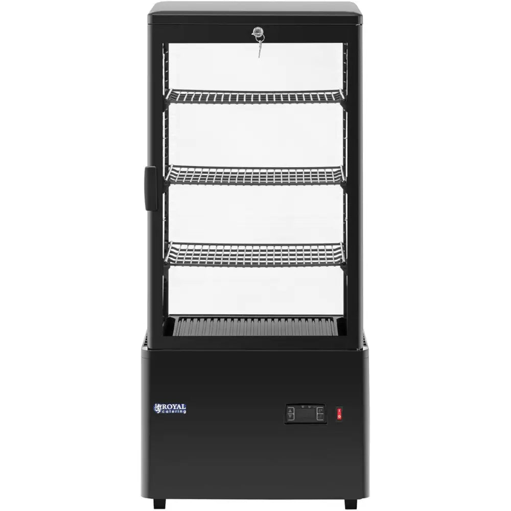 Kjølethevet utstillingsdisk i svart, frontvisning med tre nettinghyller, glassdør, lås og betjeningspanel.