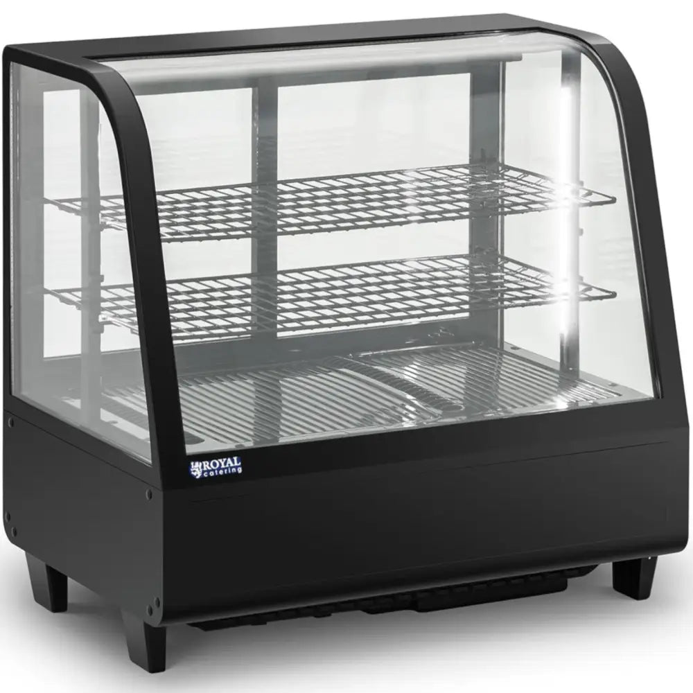 Kjølethevit i sort med avrundede glasshjørner, to nettinghyller og robust ramme, sett fra skrå front.