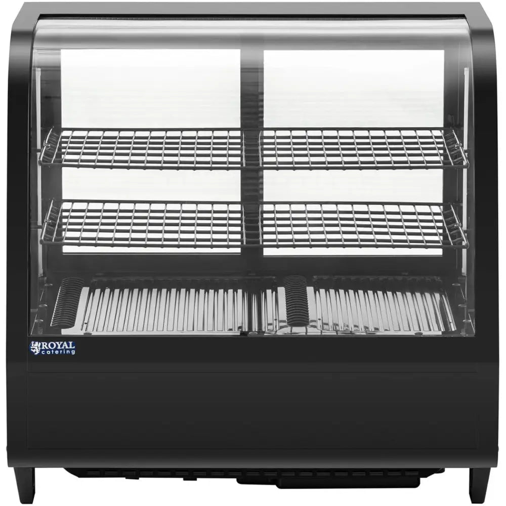 Kjølethevit i svart med buet glassfront, to synlige metallgitterhyller og oversiktlig innredning.