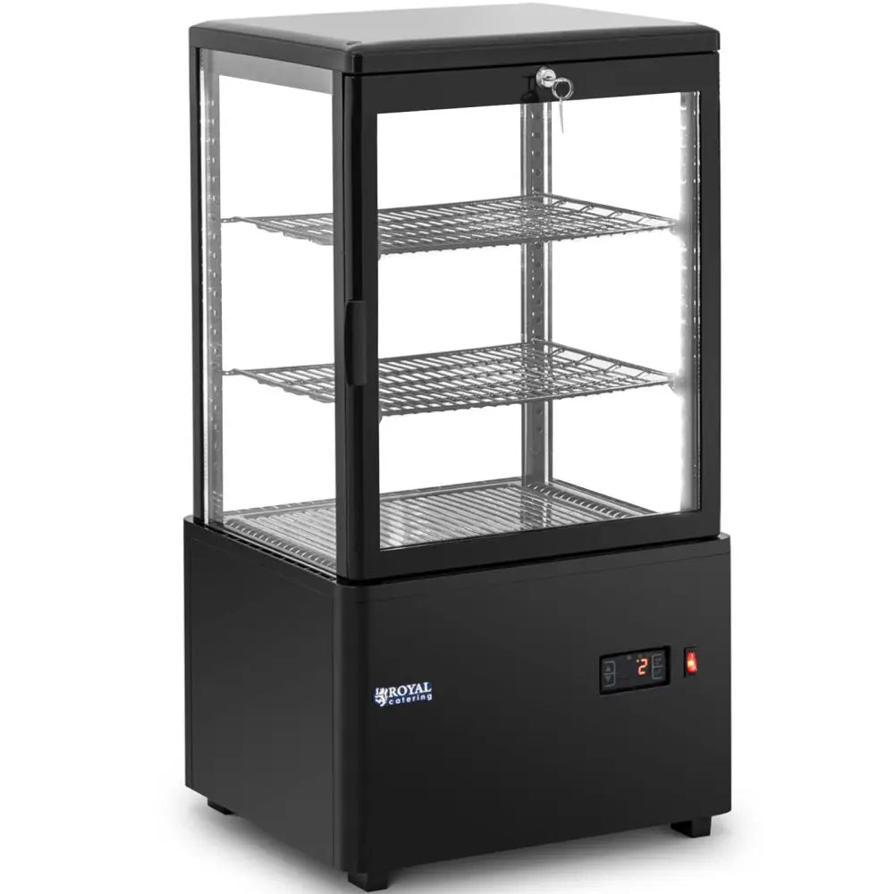 Kjølethylle med tre glasshyller, svart modell, frontvisning med digitalt display og metallrister.