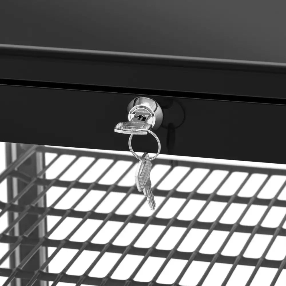 Kjølethylle med tre glasshyller i sort metall, nærbilde av låsbar skuff med to sølvnøkler og gitterhylle.