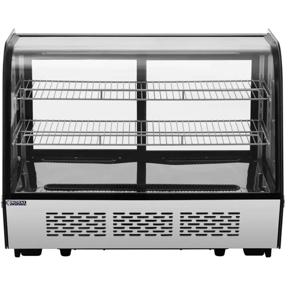 Kjølethylle med glassfront, frontbilde som viser to trådhyller, buet glass og ventilasjonsrister nederst.