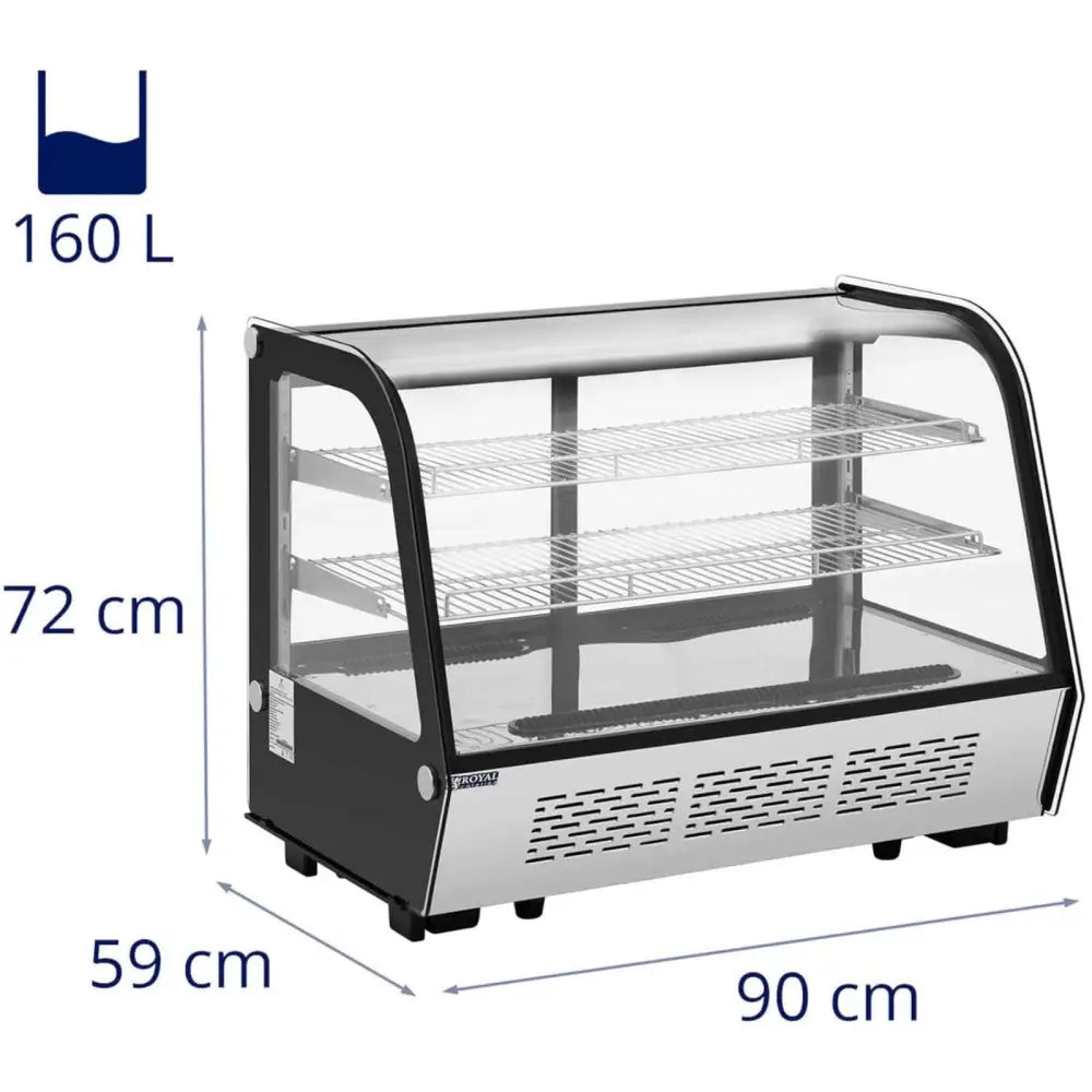 Kjølethylle med glassfront, tre hyller og 160 liters kapasitet, målt til 90x59x72 cm, sett forfra.