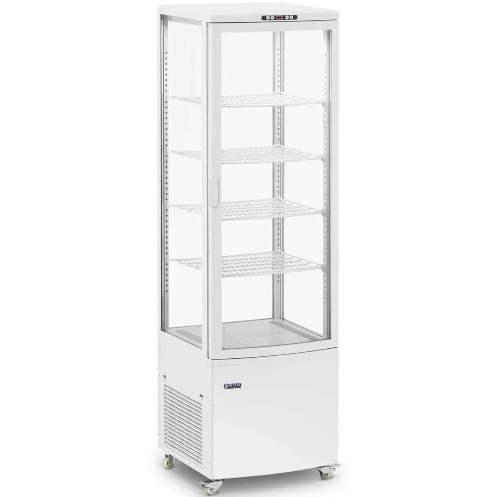 Kjølt glasskjøler i hvitt, skråvisning som fremhever fire nettinghyller, glassflater og hjul for mobilitet.