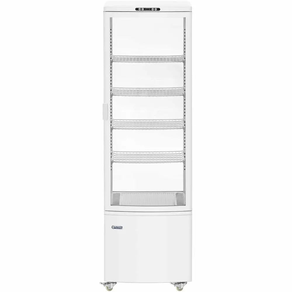 Kjølt glasskjøler i hvitt, frontvisning med fem justerbare netthyller og glassdør, står på hjul.