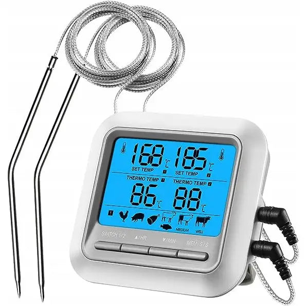 Kjøtt- og grilltermometer med to metallprober, stort blått digitaldisplay og temperaturvisning for kjøtt.