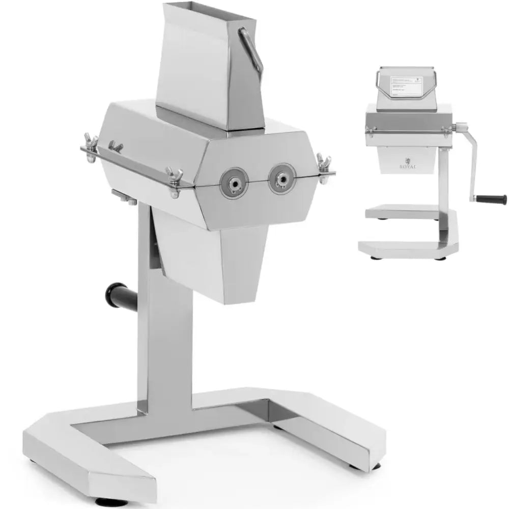 Kjøttbanker og kjøttkvern i rustfritt stål, skråvinkel med detaljbilde av håndtak og base.