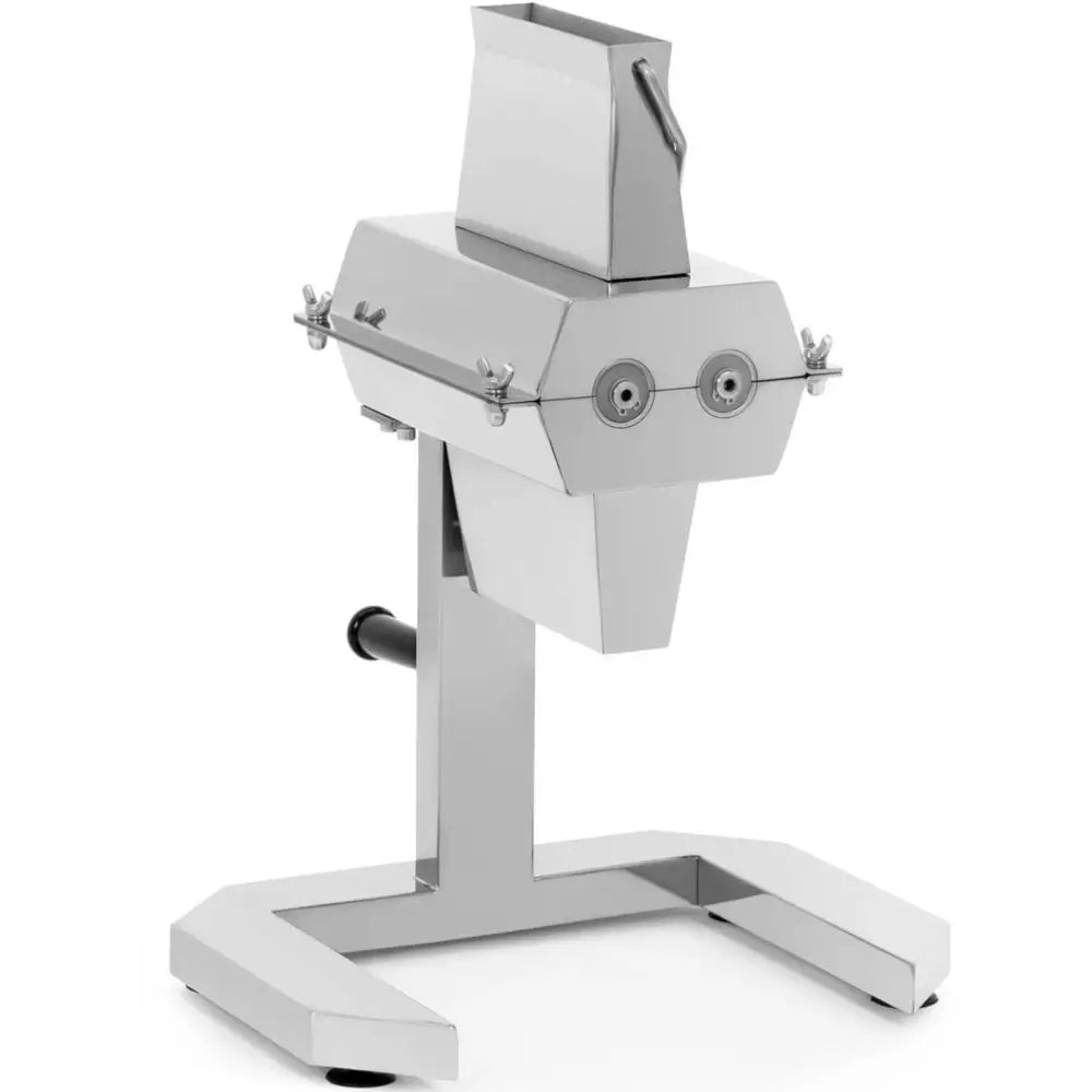 Kjøttbanker og kjøttkvern i rustfritt stål, skrå vinkel som fremhever åpninger og påfyllingsbeholder.