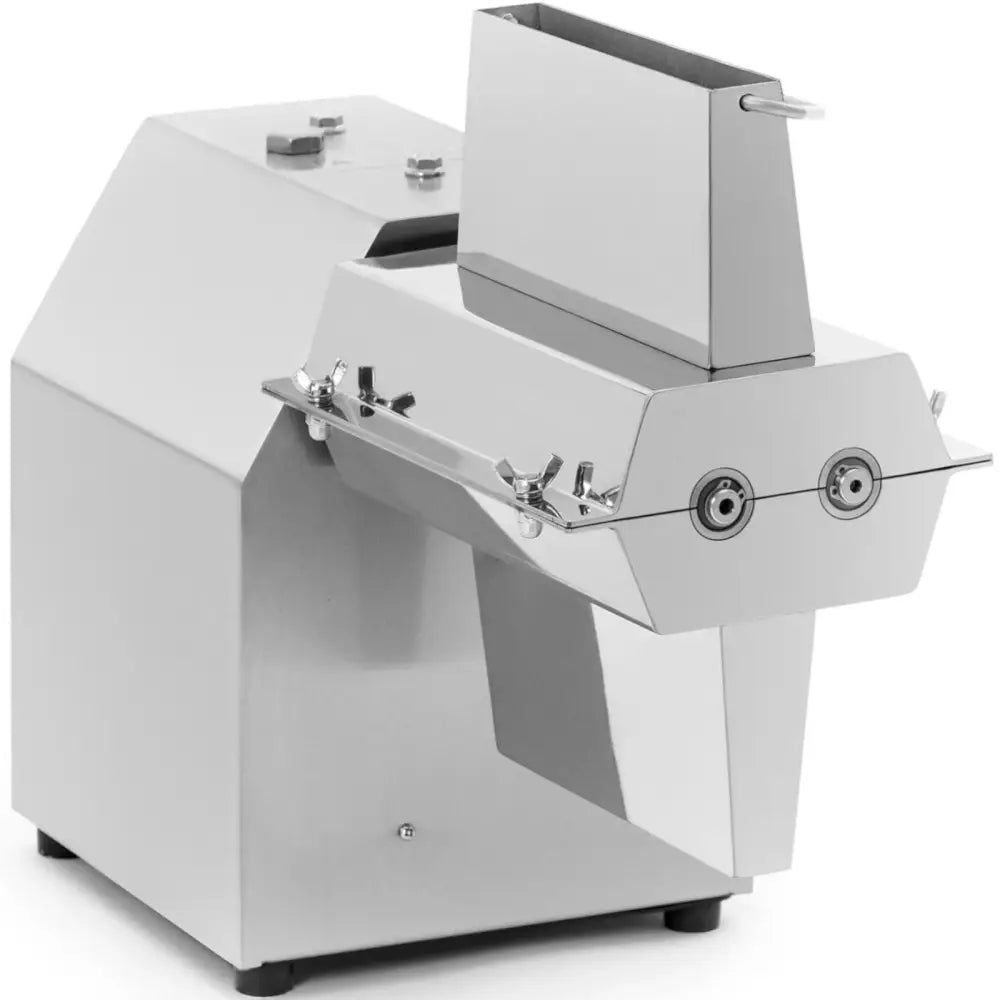 Kjøttdeigmaskin elektrisk, skrå forsidevisning med synlig innmatingskanal og to sirkulære åpninger.