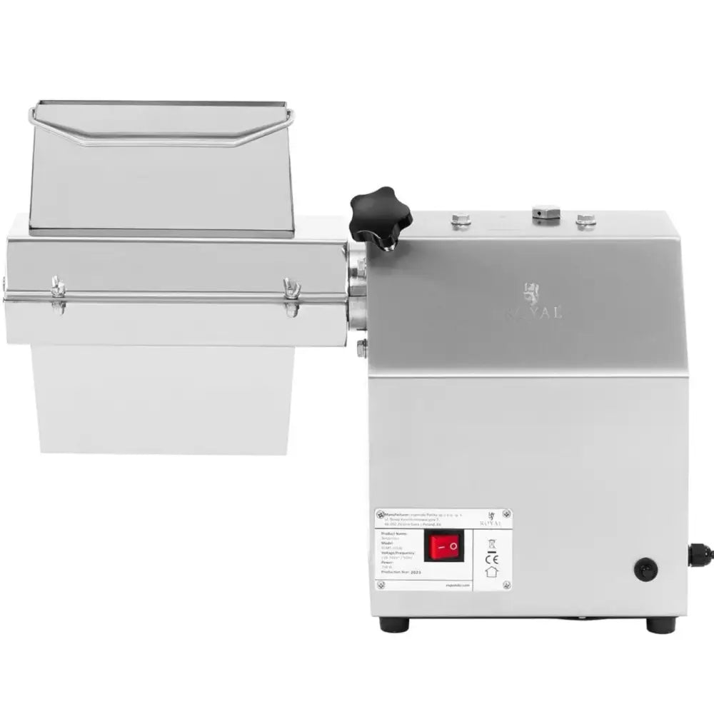 Kjøttdeigmaskin i rustfritt stål, sidevisning med sort dreieknapp, på/av-bryter og beholder på toppen.