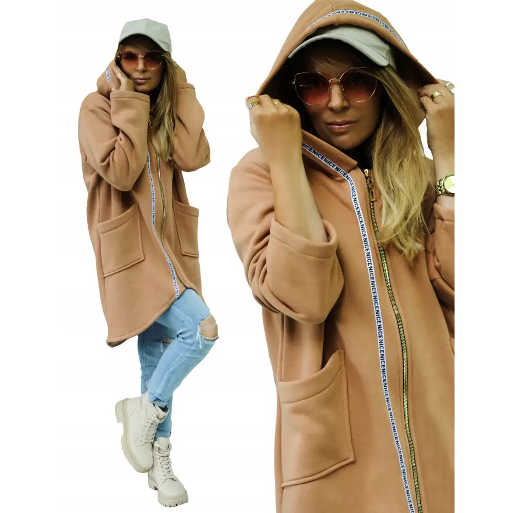 Kjøttfull Tykk Hettegenser med Glidelås Kamel