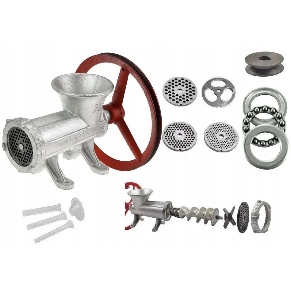 Kjøttkvern i sølvfarget metall med rødt svinghjul, fire utskiftbare rister og synlige indre deler.