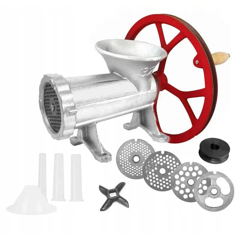 Kjøttkvern med fyllfunksjon, sølvfarget metall, rødt svinghjul og fire skjæreplater med tilbehør.