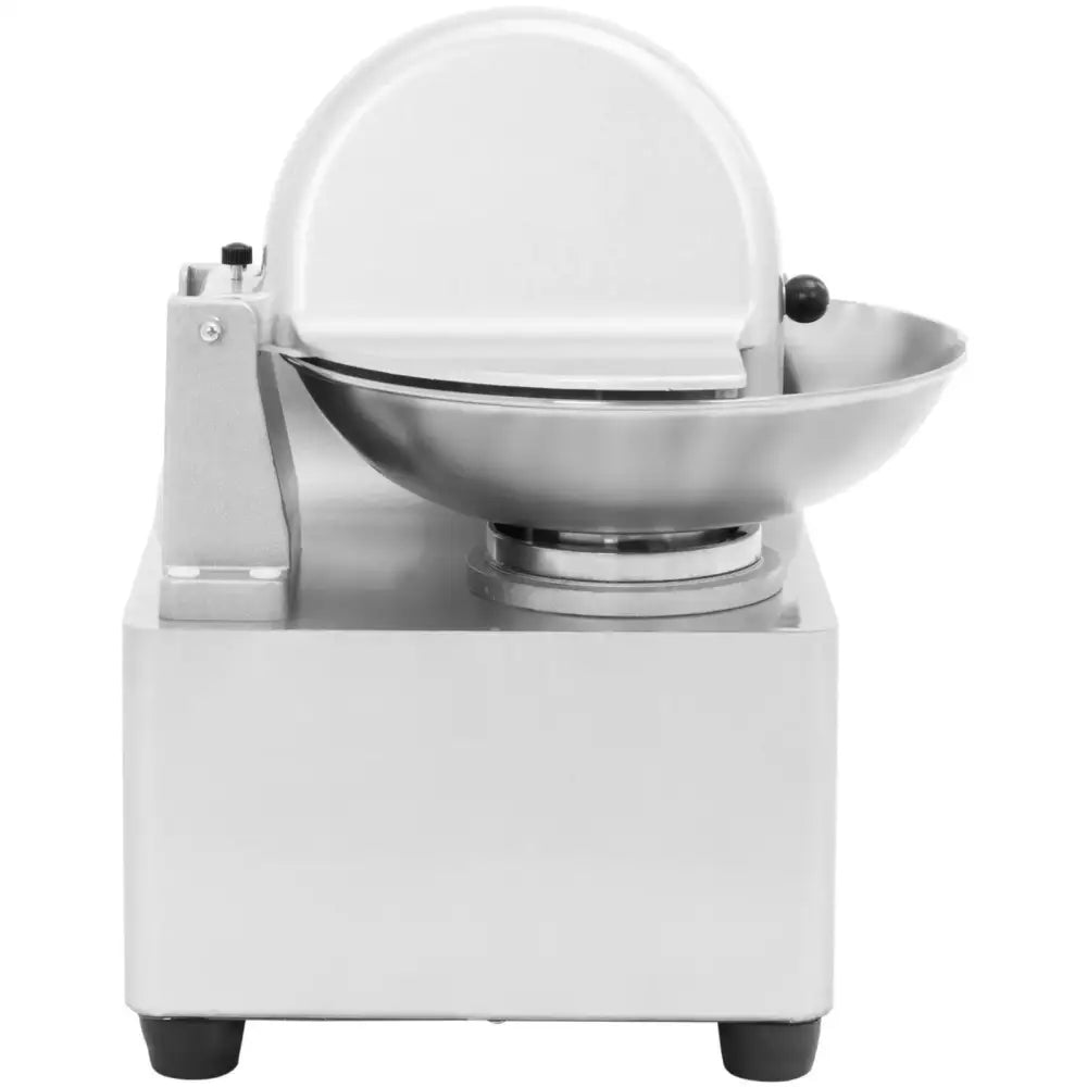 Kjøttkvern med horisontale kniver, frontbilde som viser metallbase, rund skål og hvitt deksel.