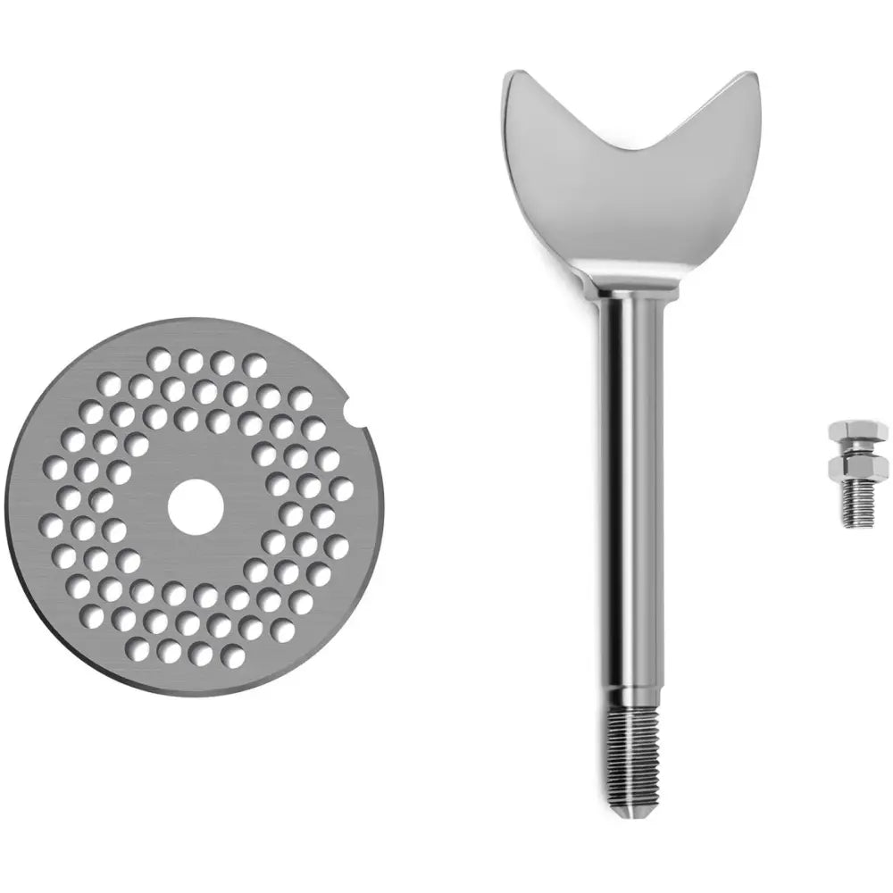 Kjøttkvern STÅL tilbehør, separat visning av hulplate, kvernstang og festeskruer i rustfritt stål.