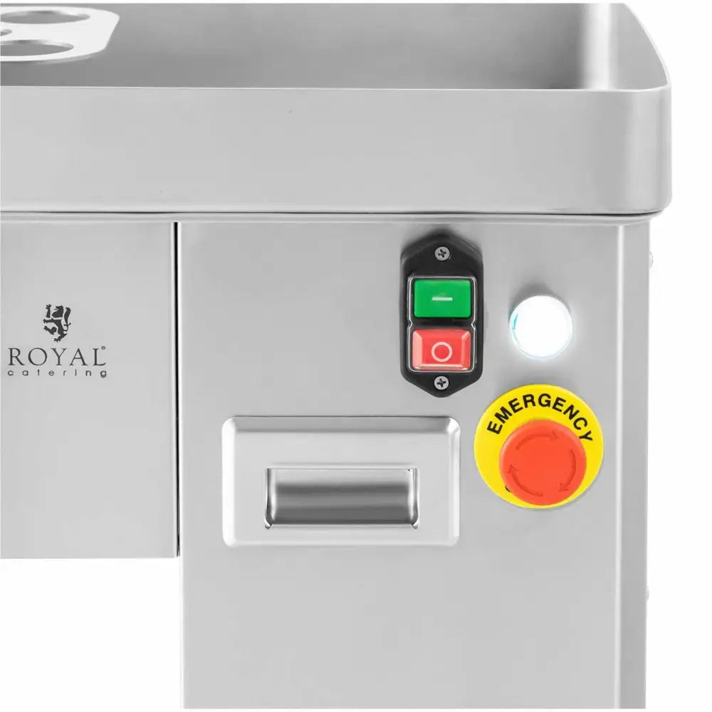 Kjøttpresse i rustfritt stål, nærbilde av kontrollpanel med fargede knapper, indikator og håndtak.