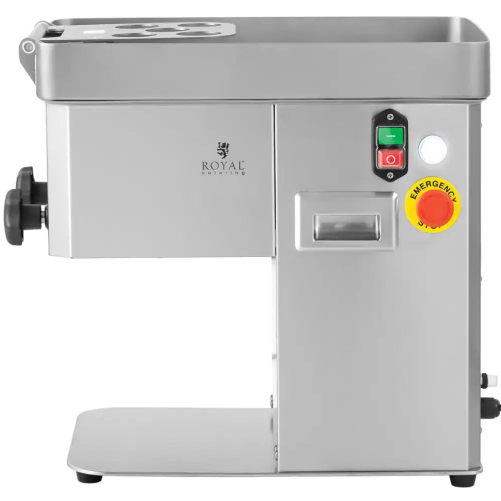 Kjøttpresse i rustfritt stål, sidebilde med grønne og røde knapper og markert gul nødstoppknapp.