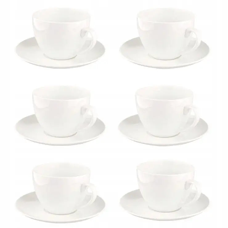 Klassisk Altom Design Bella Ecru porselenskopper med asjetter, seks stykker i stilrent, hvitt design.