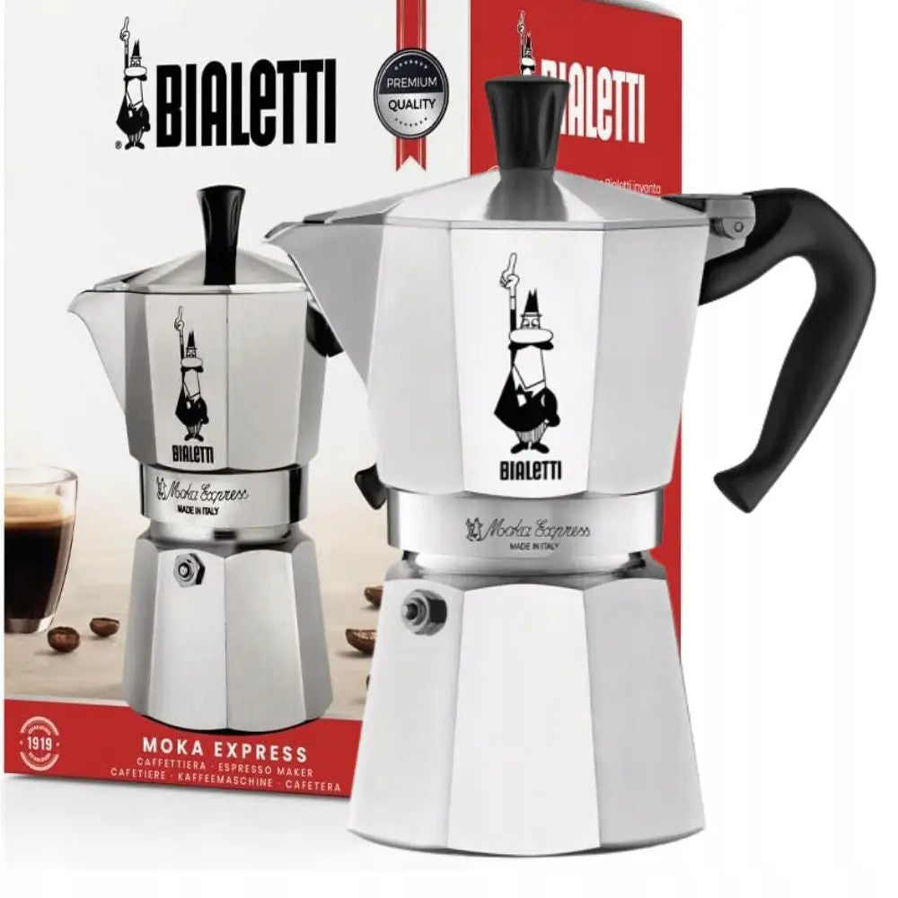 Klassisk Bialetti Moka Express kaffebrygger 270 ml med svart håndtak og synlig logo i original emballasje.