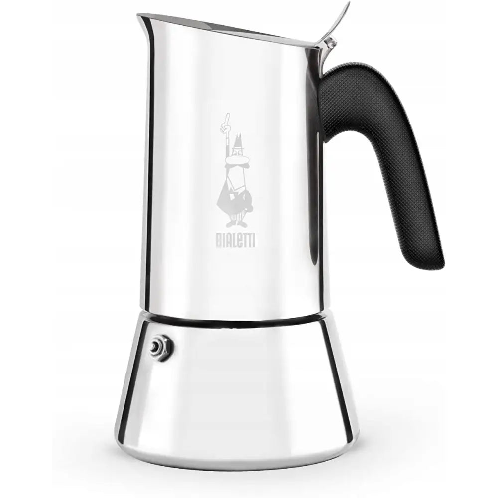Klassisk Bialetti New Venus espressokanne i rustfritt stål, sidevisning med sort håndtak og synlig logo.