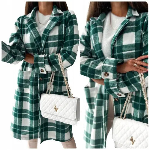 Klassisk Lang Dames Frakk i Rutete Høst-stil