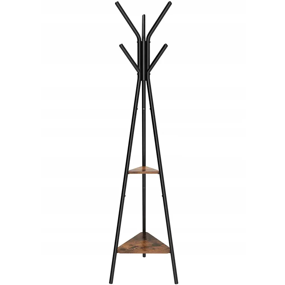 Klesstativ i industriell rustikk stil, frontvisning med svarte metallben, to mørke trekantede hyller og kroker øverst.