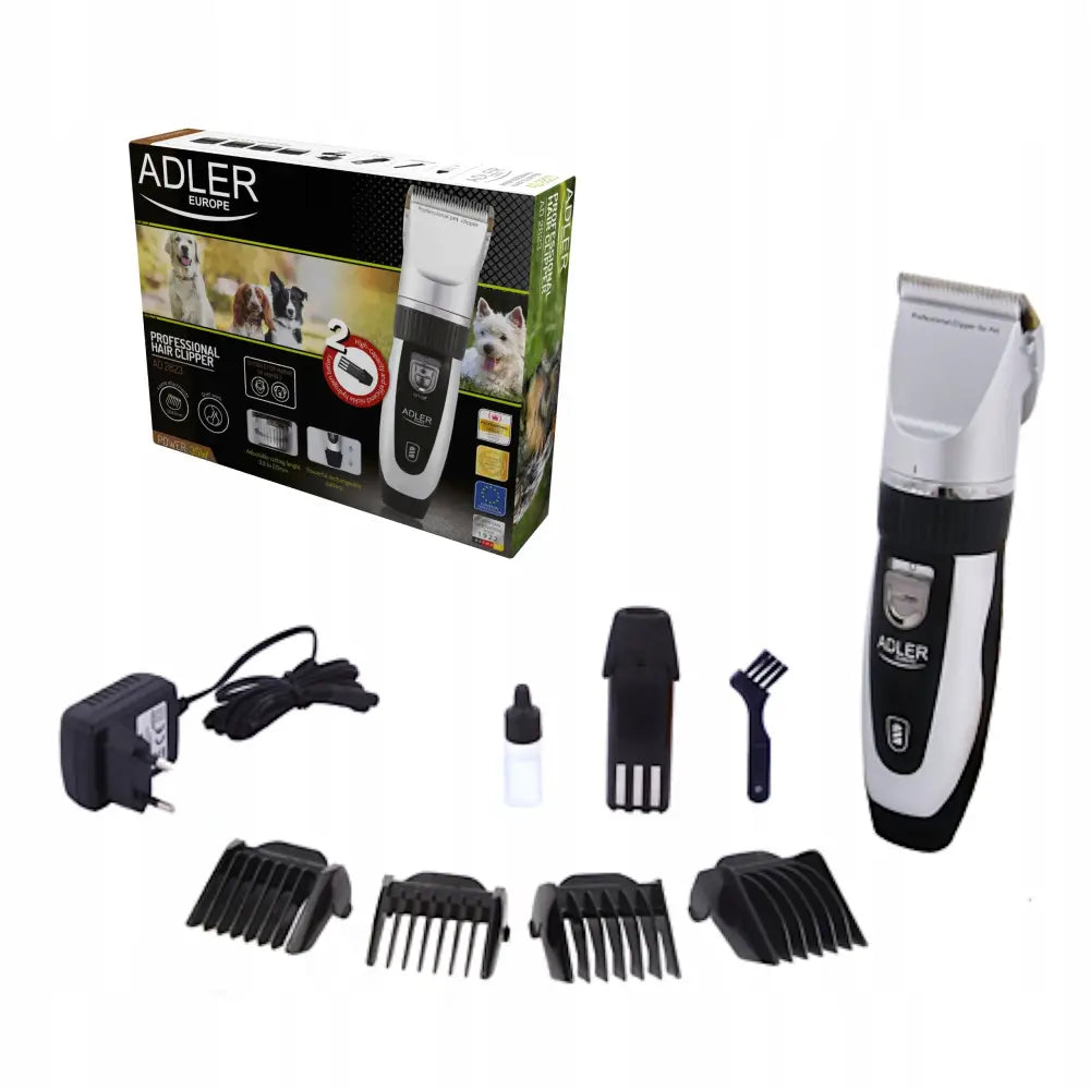 Klipper for Dyr Adler Ad2823, elektrisk klippemaskin med fire kammer, olje, børste, lader og original emballasje.