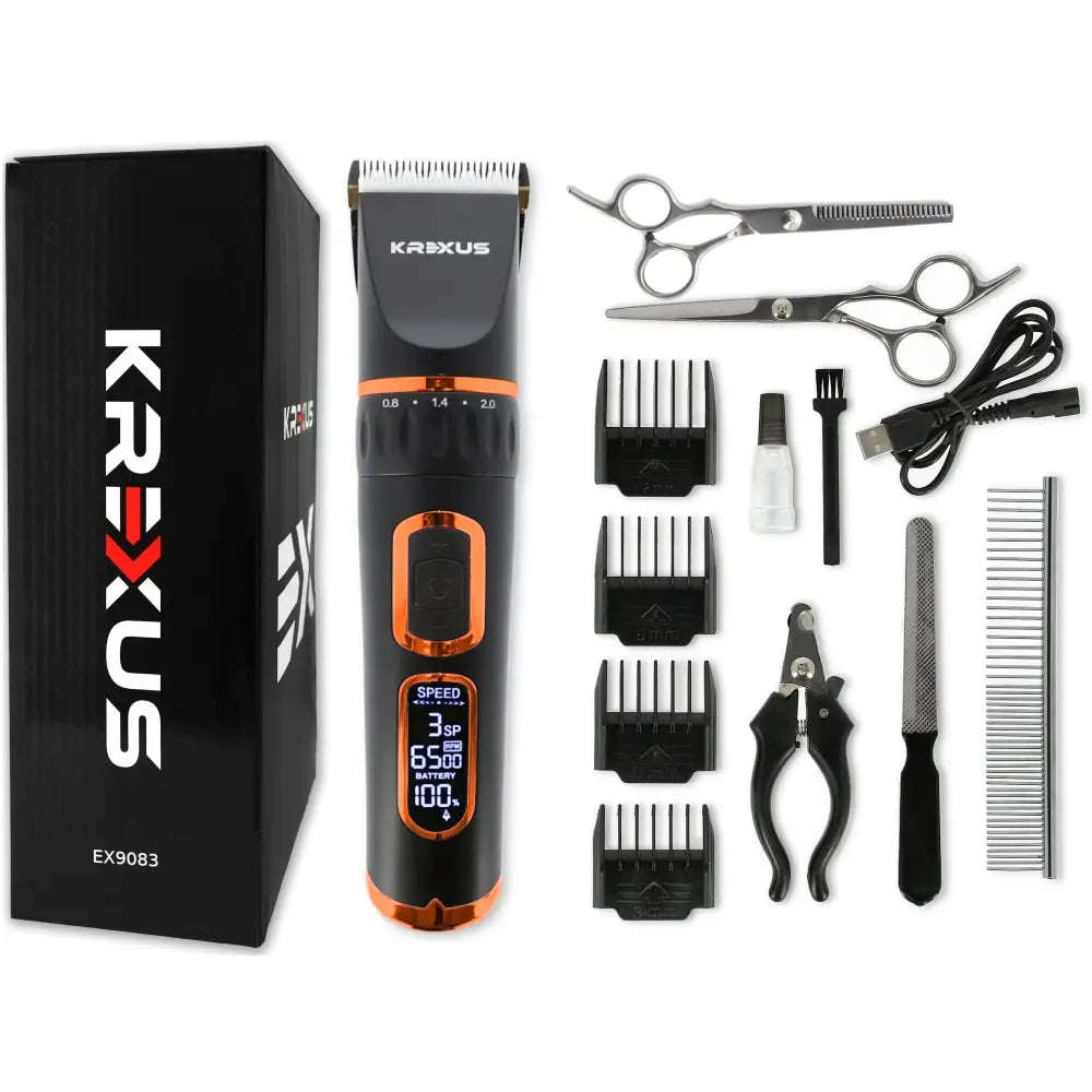 Klippeutstyr for hunder og kjæledyr, komplett sett med digital trimmer, seks kammer, sakser, fil og tilbehør.