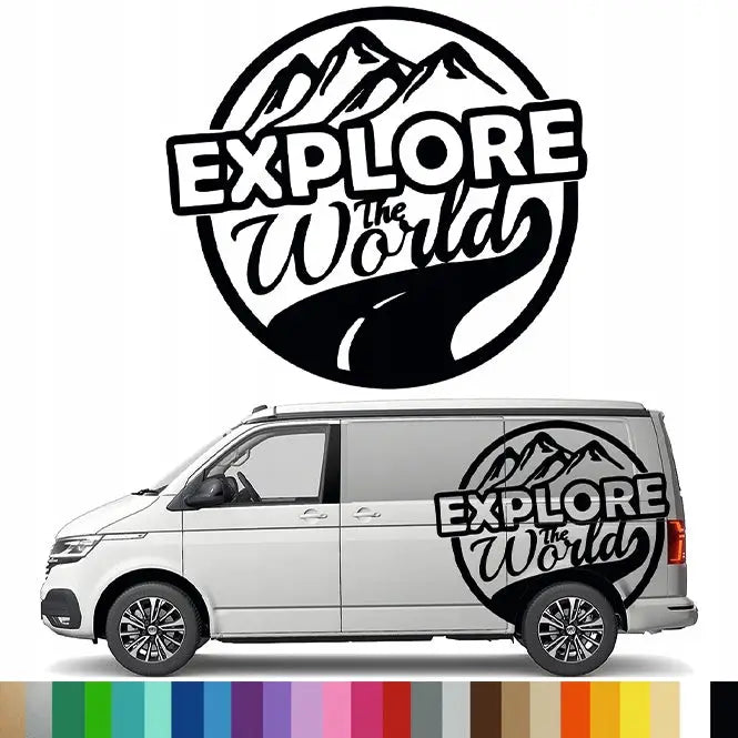 Klistremerke Grafikk for Bobil Auto Fjell Utforsk Verden 90x99