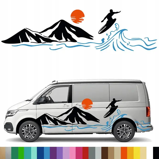 Klistremerke Grafikk for Bobil Bil Tilhenger Surfing Surfer Bølge Fjell 43x161