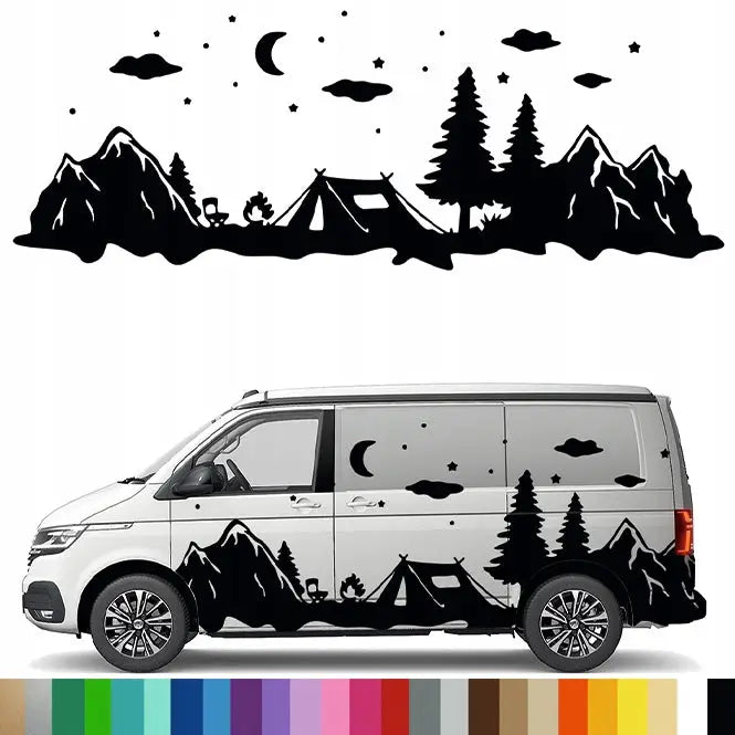 Klistremerke Grafikk for Bobil Campingvogn Camping Telt Stjerner Fjell 43x118