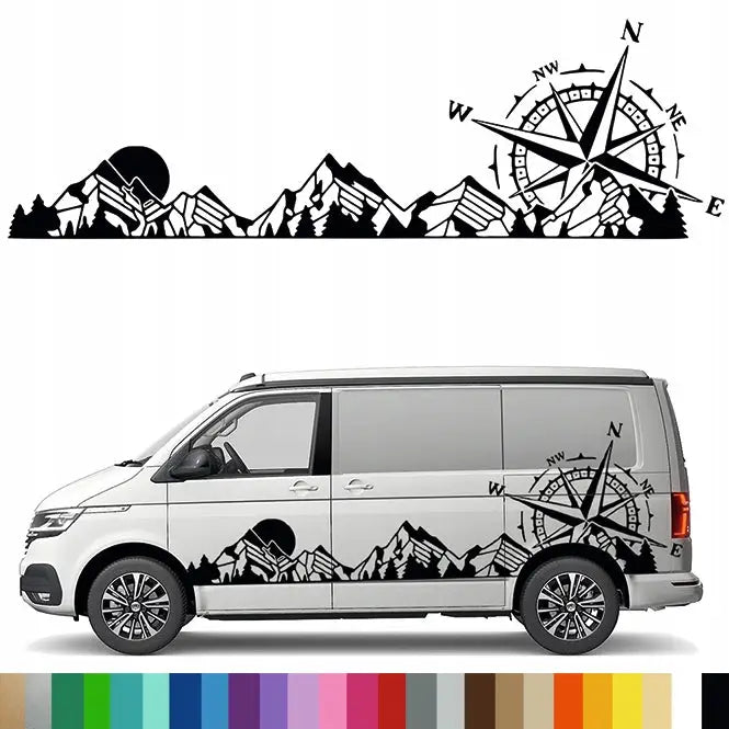 Klistremerke Grafikk for Bobil Fjellkjede Kompass Vindrose 43x140