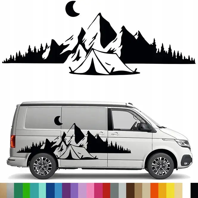 Klistremerke Grafikk for Bobil Tilhenger Fjell Camping Skog Måne 90x234