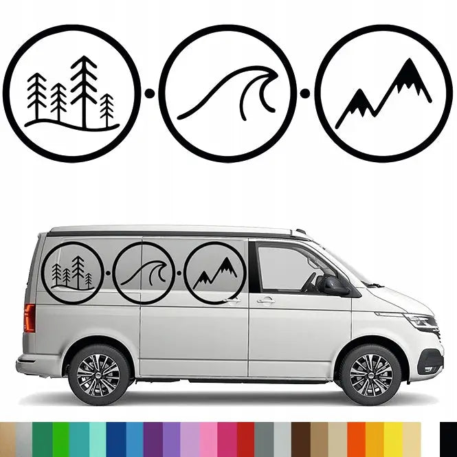 Klistremerke Grafikk for Campingvogn Bobil Hjul Bølge Fjell Skog 90x292 Mg3115