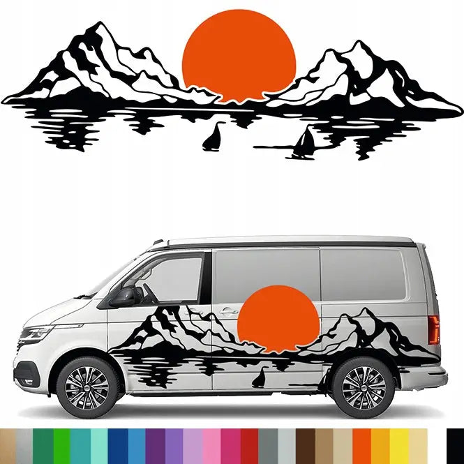 Klistremerke Grafikk for Campingvogn Fjellkjede Fjell Sol Skip 90x275