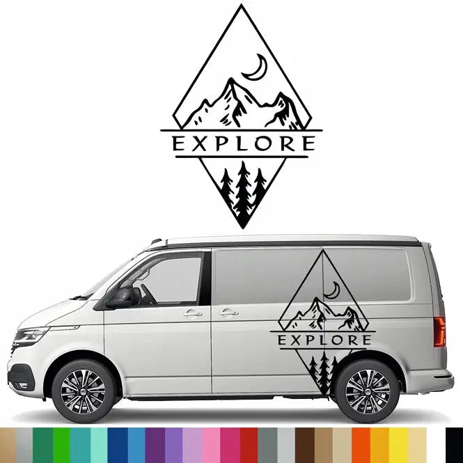 Klistremerke Grafikk til Bobil Auto Fjell Mountains Skog Utforsk Reise 90x125