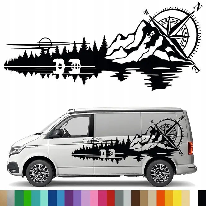 Klistremerke Grafikk til Bobil Bil Bjørn Kompass Vindrose Fjell 90x201