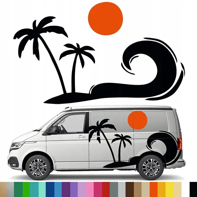 Klistremerke Grafikk til Bobil Bil Tilhenger Palmer Strand Beach Bølge 90x151