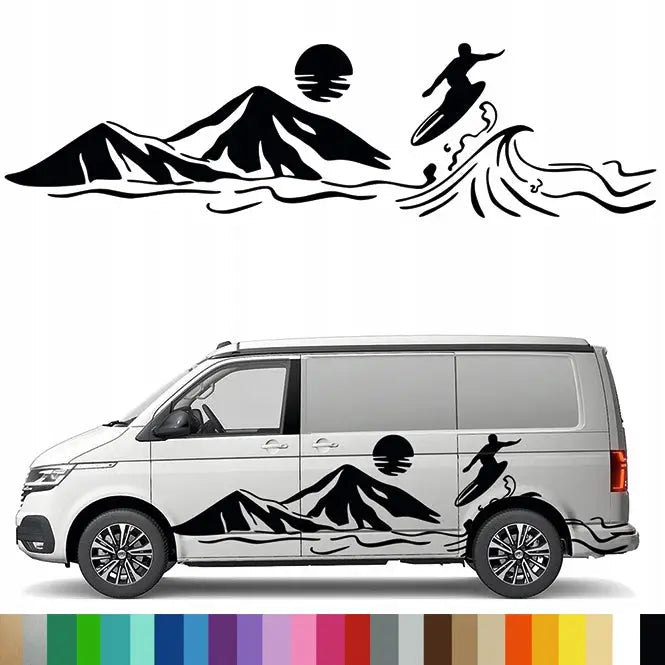 Klistremerke Grafikk til Bobil Bil Tilhenger - Surfing Surfer Bølge Fjell 43x161