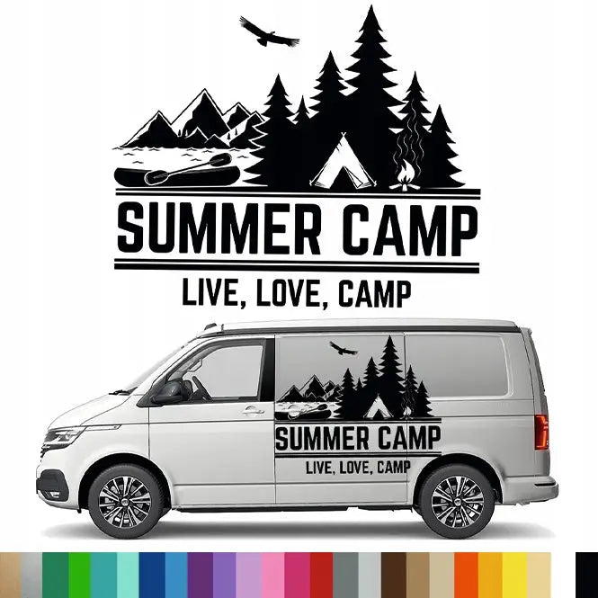 Klistremerke Grafikk til Bobil Bilhenger ?Summer Camp’ Skog Camping 90x109