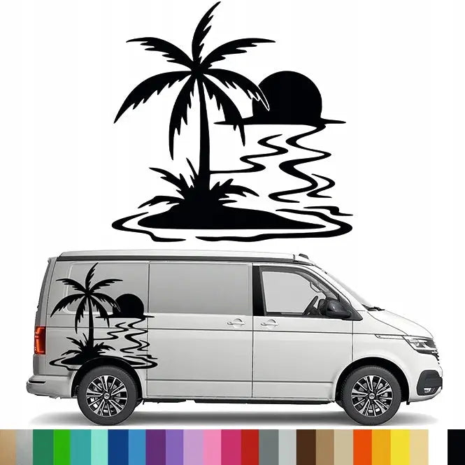 Klistremerke Grafikk til Bobil Biltilhenger Palme Solnedgang Sunn 90x90